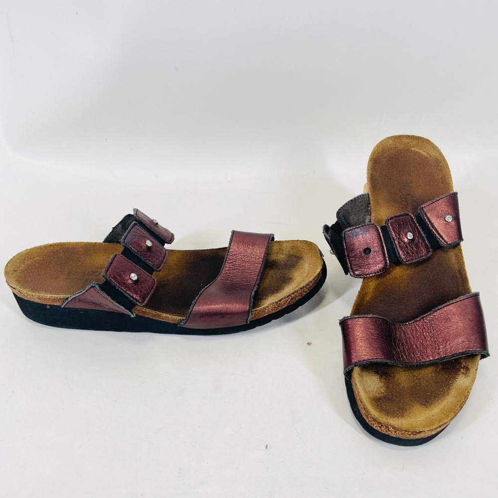 Naot Women Metallic Burgundy Leather Slide Sandals Studded Cork Size EU 41 US 10